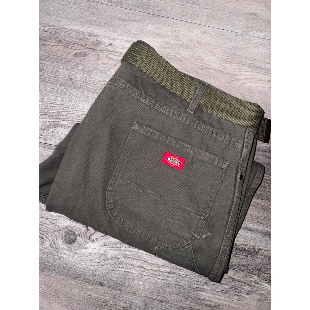 Dickies Mens Relaxed Fit Carpenter Pants Olive Green Duck Canvas 42x30 w Belt